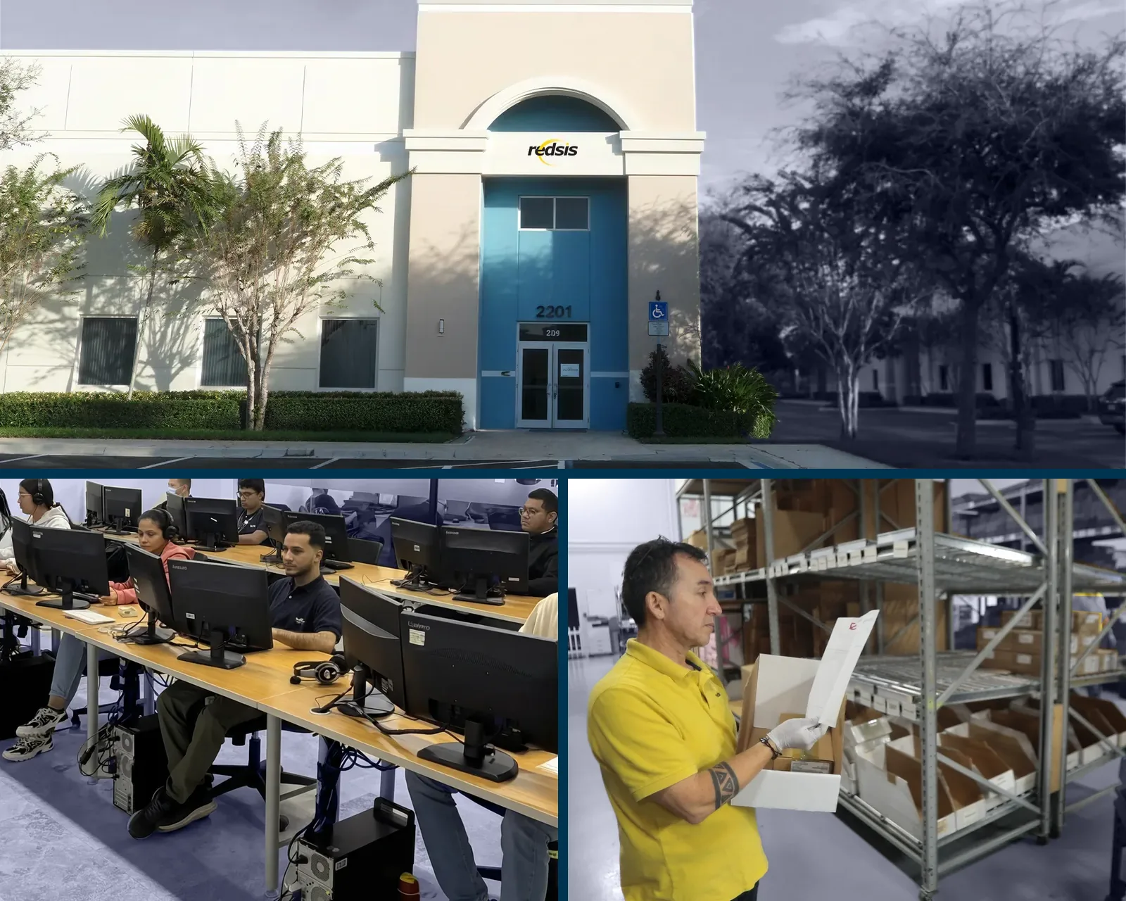 The Redsis center in Miramar, Florida, the support team at work and a technician pulling parts