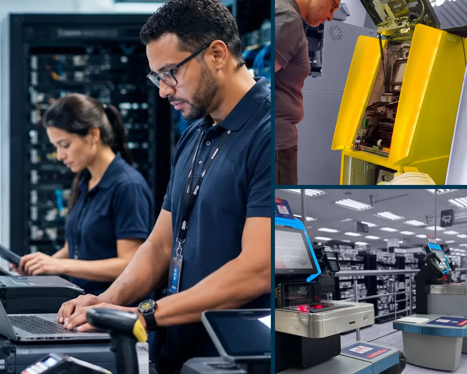 Redsis teams at work on data center systems, an ATM and self-checkout lanes